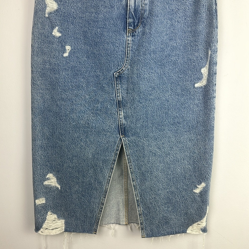 Zara Midi High Waisted Denim Skirt Blue Cotton Size M Distressed Split Front Hem - Picture 8 of 16